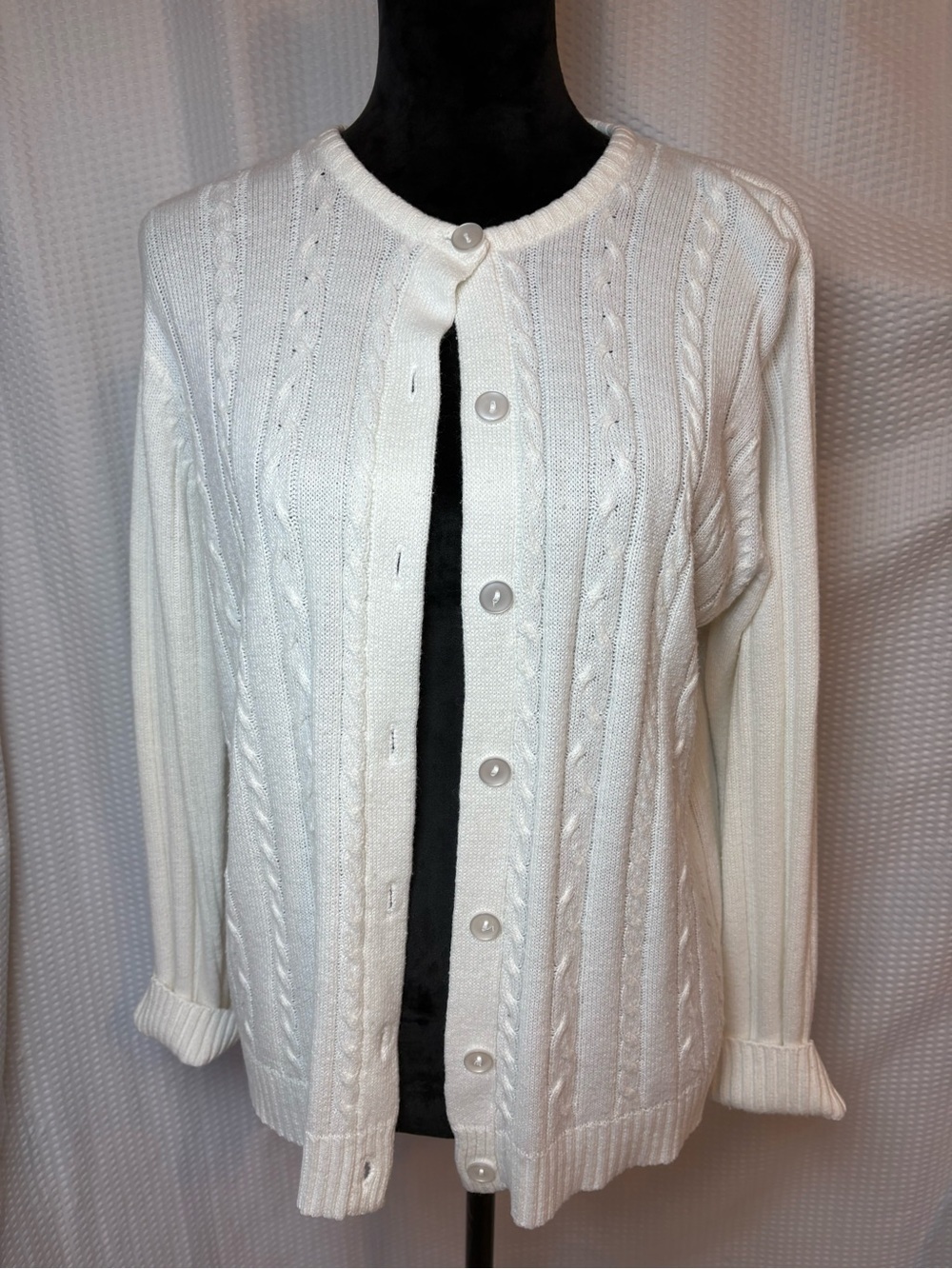 Sara Morgan VTG White Ecru Cable Knit Button Down Cardigan Size L
